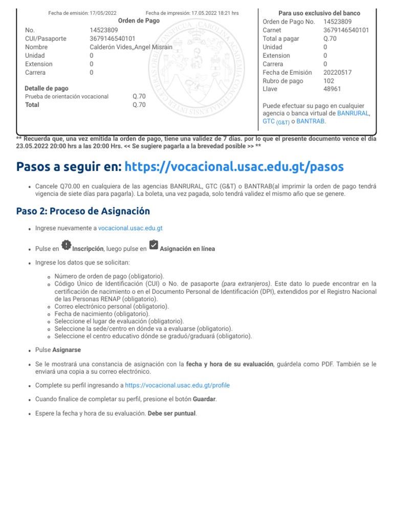 Instrucciones para Generar Orden de Pago USAC | PDF