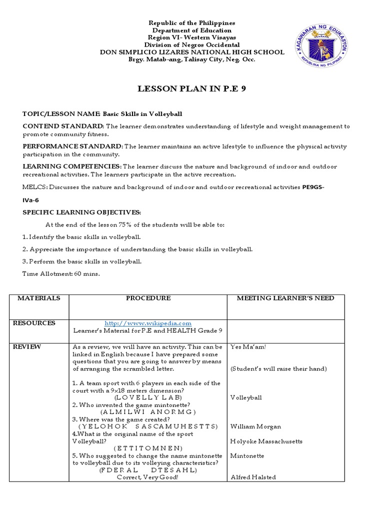 Lesson Plan In P E Cot 1 Pdf Volleyball Cognition