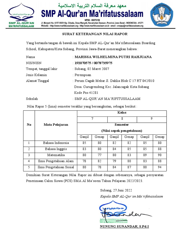 Surat Keterangan Nilai Rapor SMP | PDF