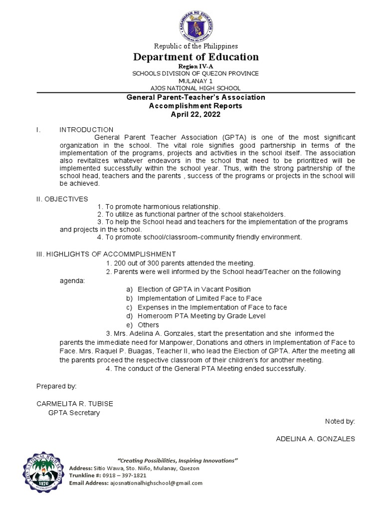 Accomplishment Report GPTA | PDF