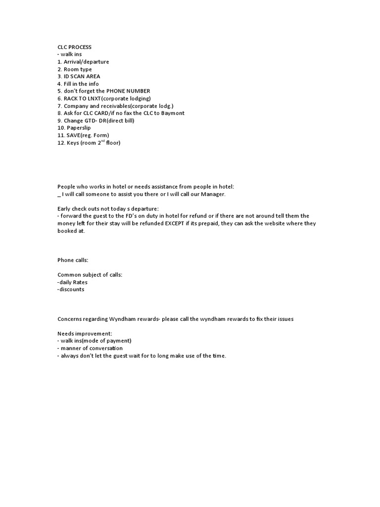 CLC Process for Hotel Walk-Ins | PDF | Business | Finance & Money ...