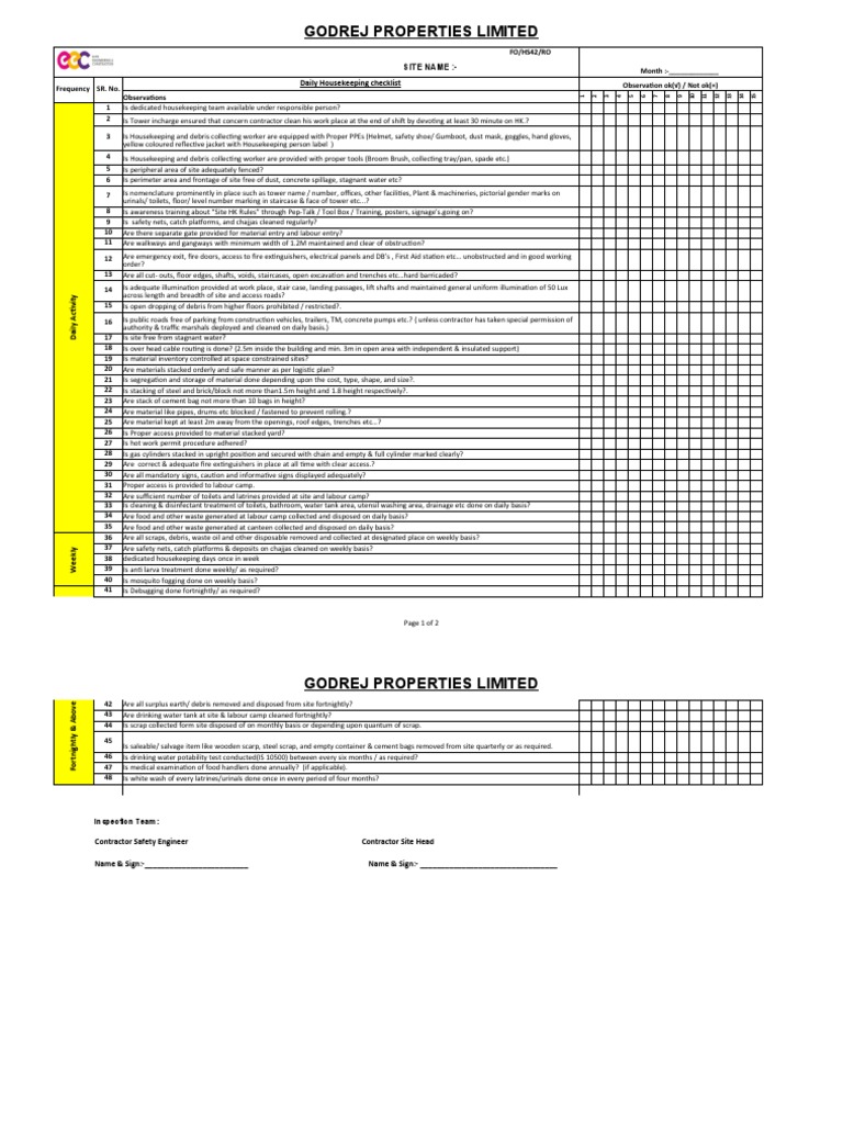 Daily Housekeeping Checklist for Site | PDF | Housekeeping | Toilet