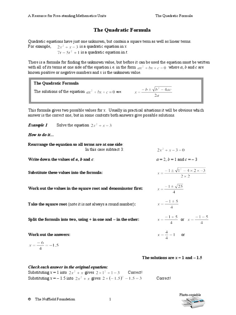 FSMQ Quadratic Formula PDF Quadratic Equation Equations