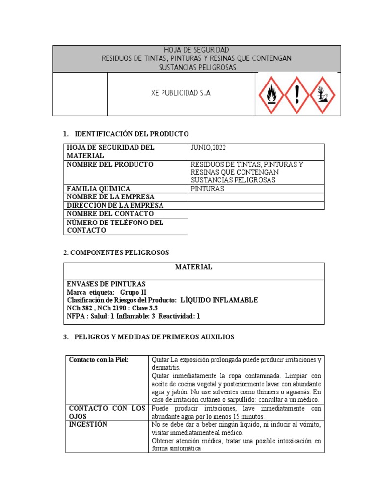 Hoja - de - Seguridad Desechos de Pinturas y Envases Ne49 2022 | PDF