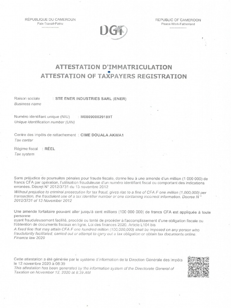 Attestation D immatriculation PDF
