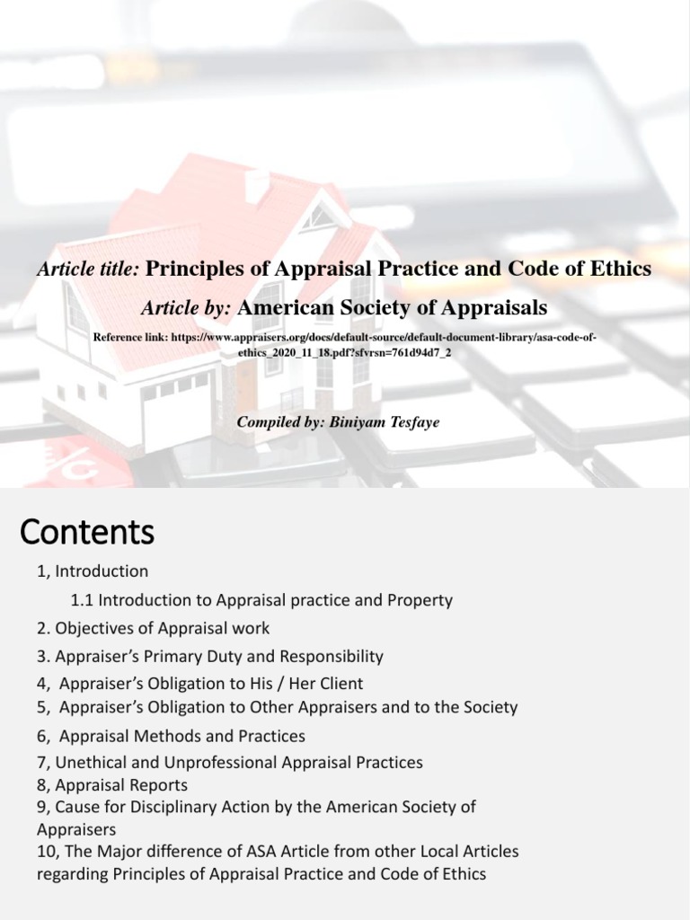 Principles of appraisal practice and code of ethics review american