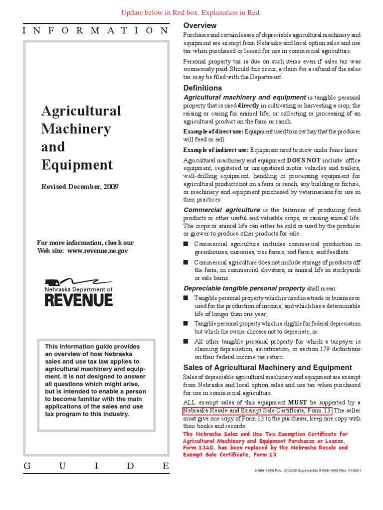Update Agricultural Machinery and Equipment Exemption PDF Use Tax Lease