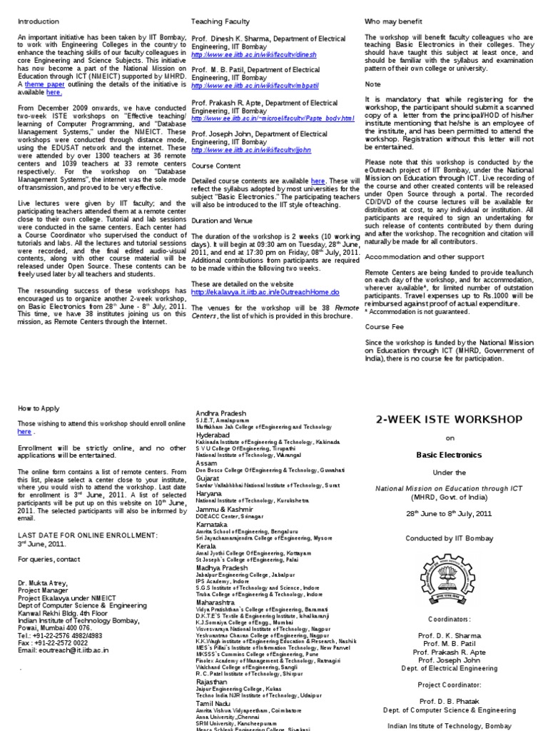 ISTE Workshop on Basic Electronics 2011 | PDF | Lecture | Educational ...