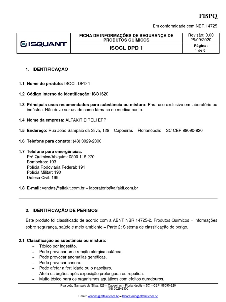 Ficha de Segurança ISOCL DPD 1 | PDF | Química | Mercúrio (elemento)
