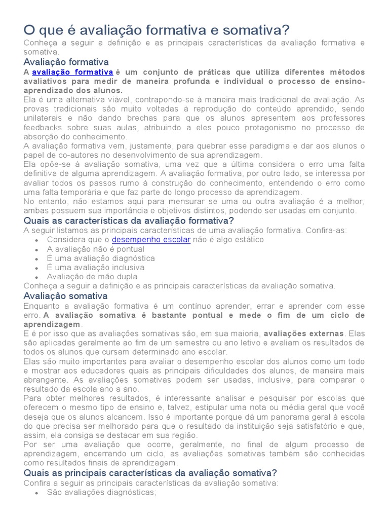 O Que É Avaliação Formativa e Somativa | PDF | Aprendizado | Escolas