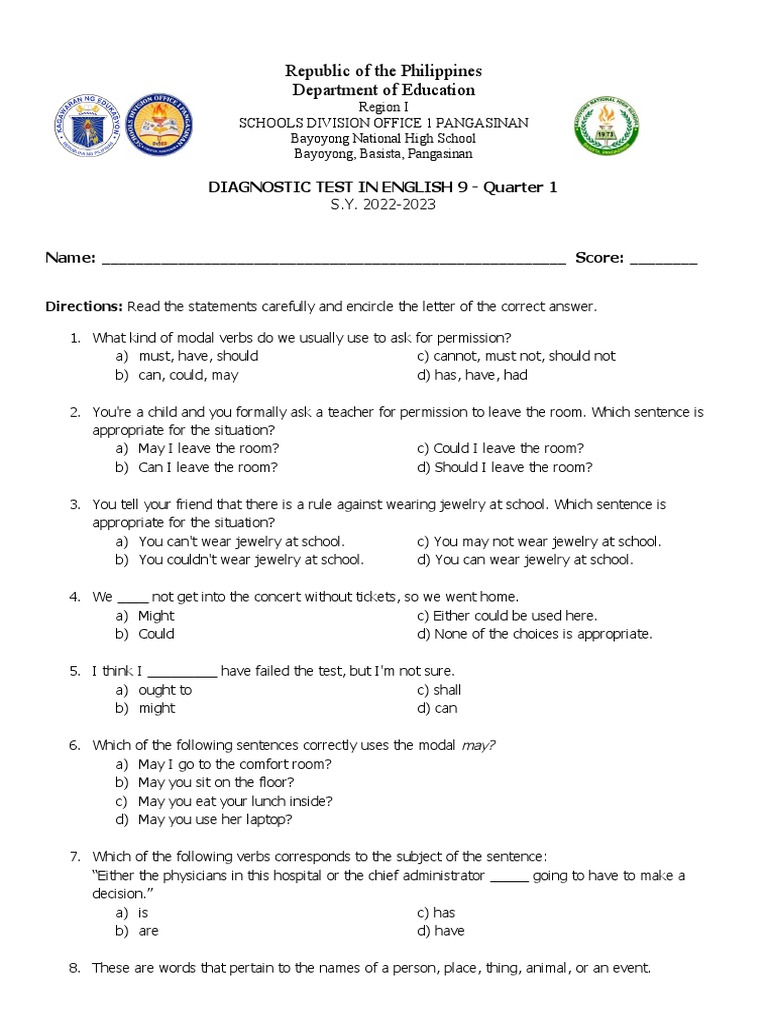 Diagnostic Test (Grade 9) PDF Adjective Adverb