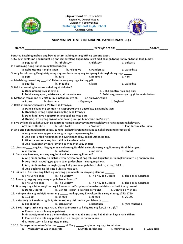 Summative Test 2 in Araling Panlipunan 8 Q3 | PDF