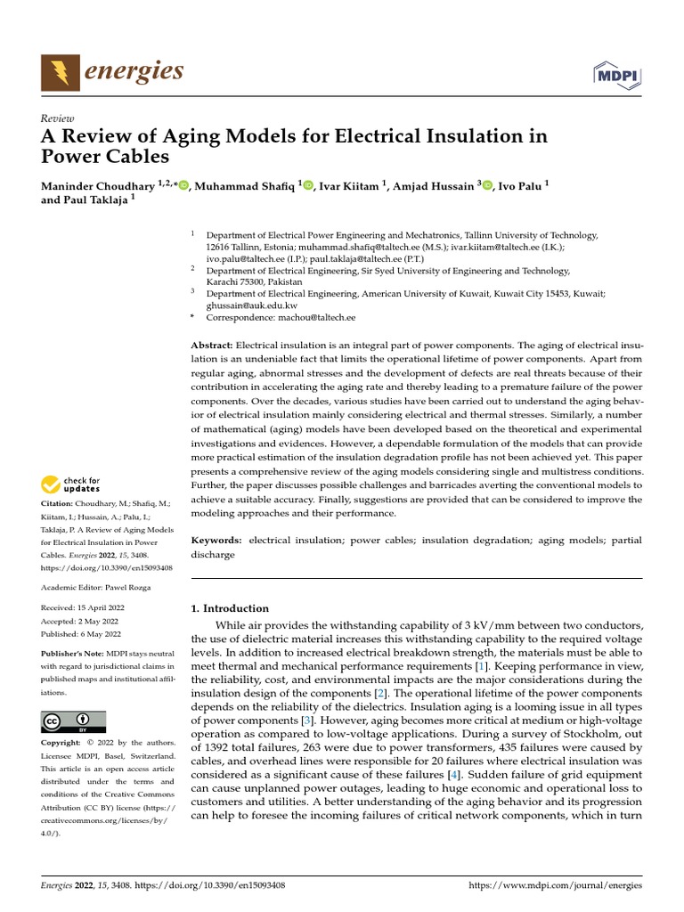 A Review of Aging Models For Electrical Insulation in Power Cables ...