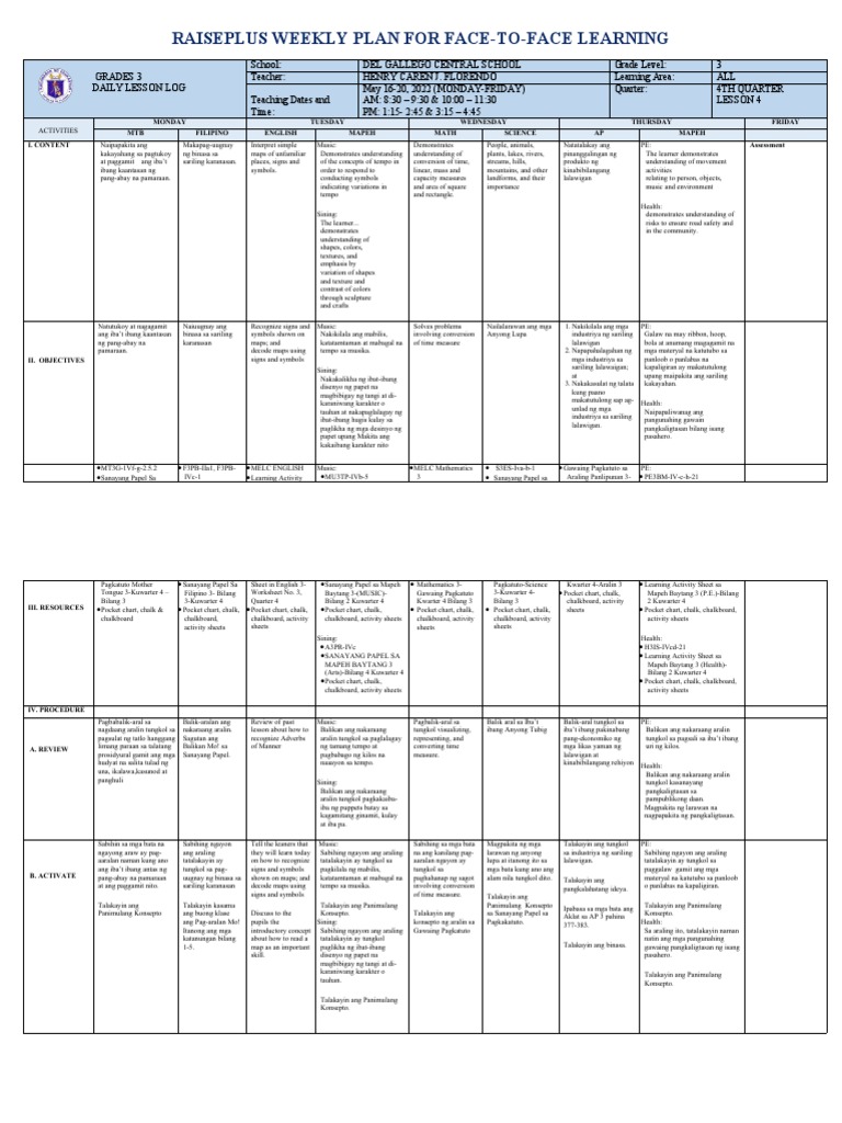 Grade 3 Weekly Lesson Plan | PDF | Cognition | Cognitive Science