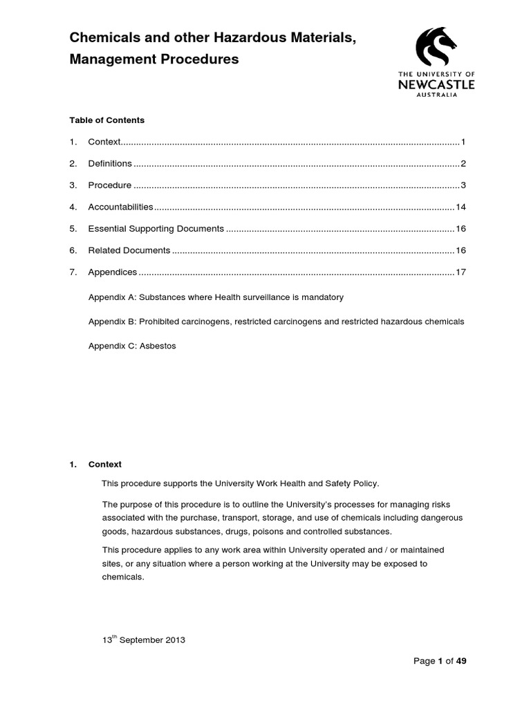 Chemical Management Procedure PDF Dangerous Goods Risk Assessment