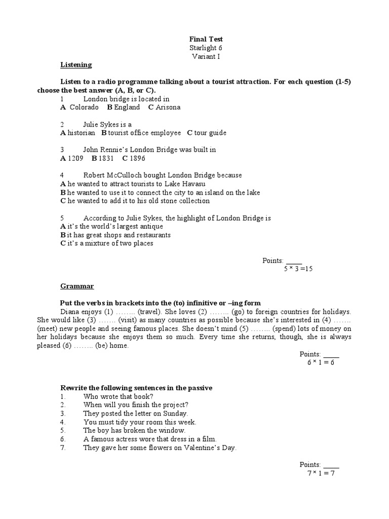 Starlight 6 Final Test Booklet | PDF