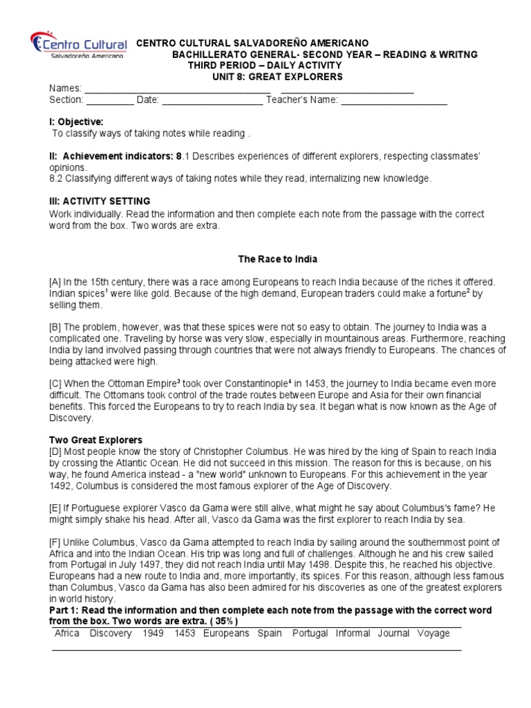 Age of Exploration Note-Taking Guide | PDF | Exploration | Geography