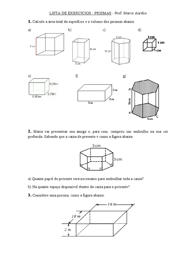 Exercícios de Área e Volume de Prismas | PDF