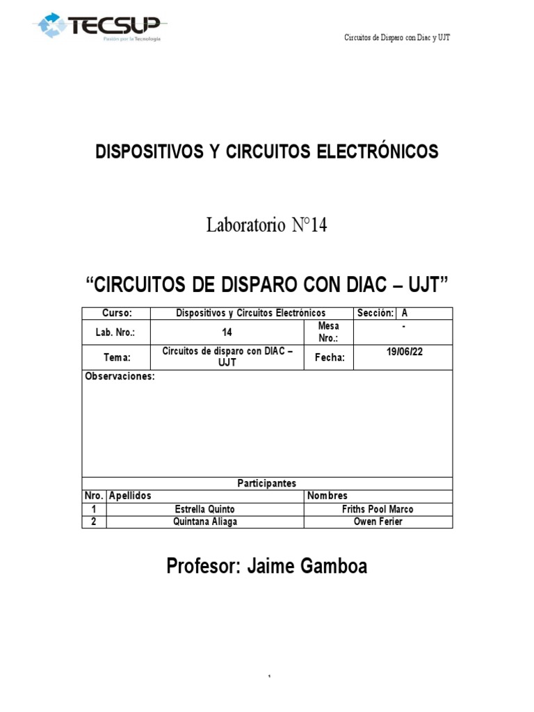 Lab - 14 Circuitos de Disparo DIAC-UJT | PDF | Electrónica | Cantidades ...