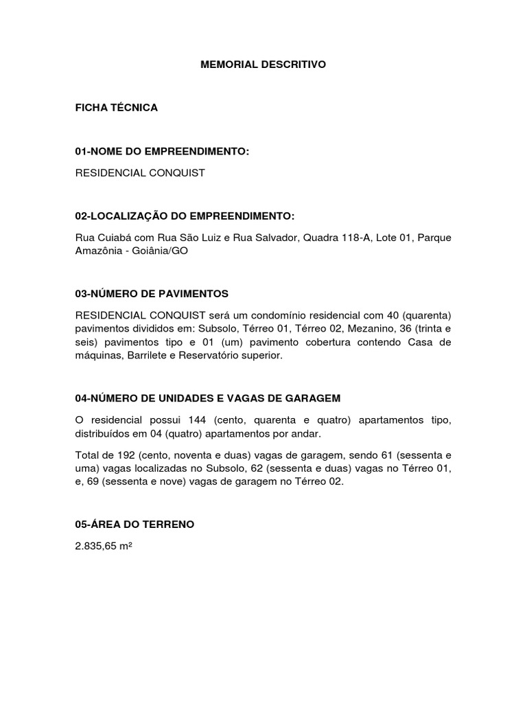 Memorial Descritivo Residencial Conquist | PDF