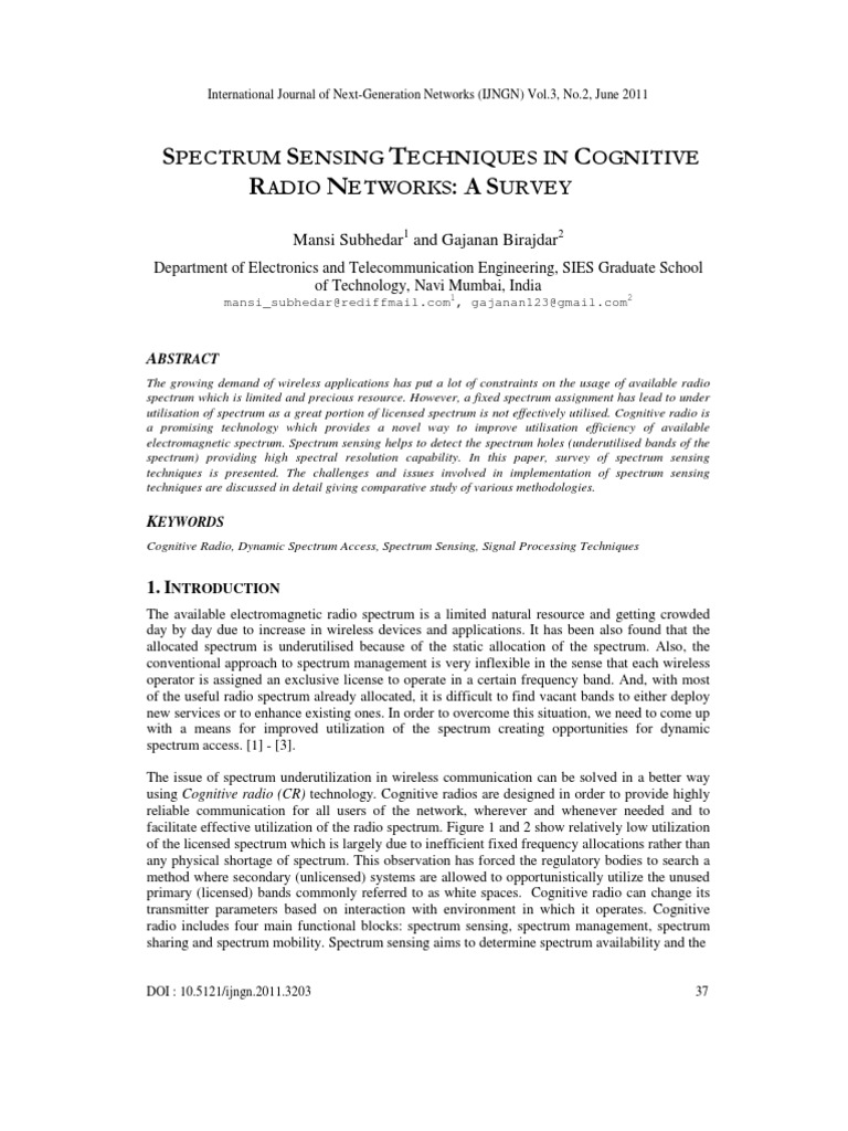 Spectrum Sensing Techniques in Cognitive Radio Networks: A Survey | PDF ...