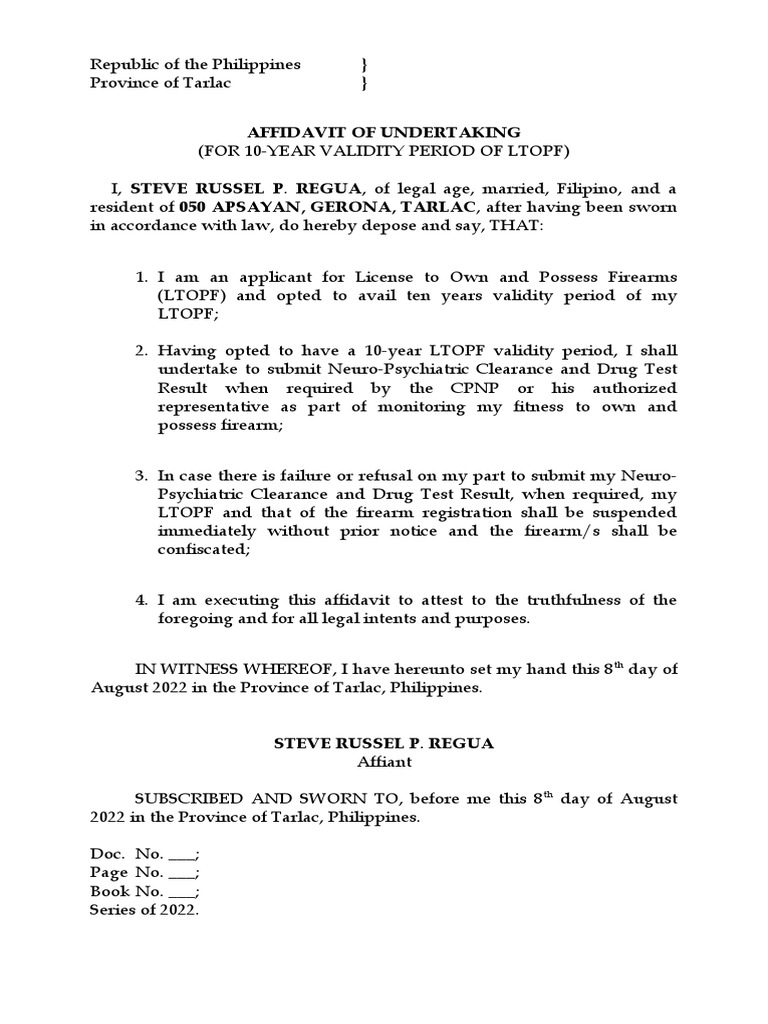 Affidavit of undertaking ltopf 10 years pdf