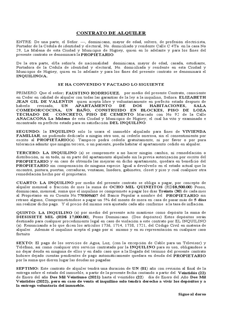 Modelo Contrato para Alquiler en RD | PDF | Apartamento | Justicia