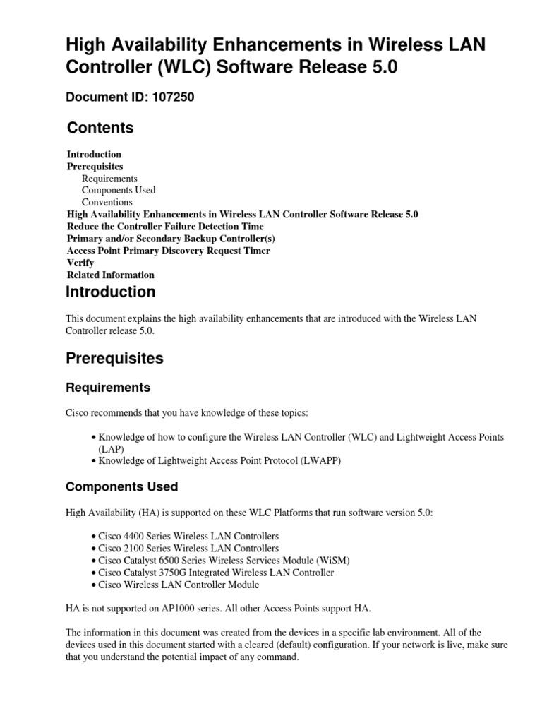 High Availability Enhancements in Wireless LAN Controller | PDF ...