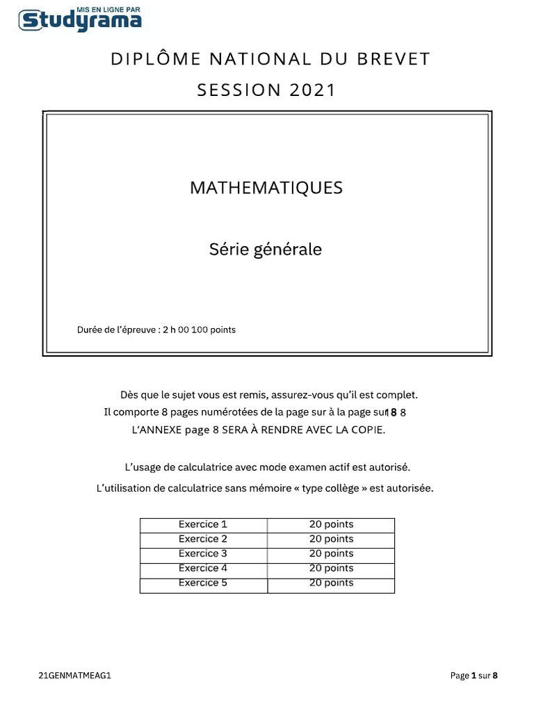 DNB Maths 2021 Sujet PDF