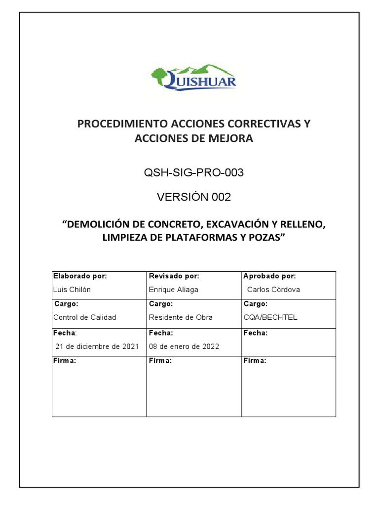 QSH-SIG-PRO-003 Acciones Correctivas y Acciones de Mejora | PDF ...