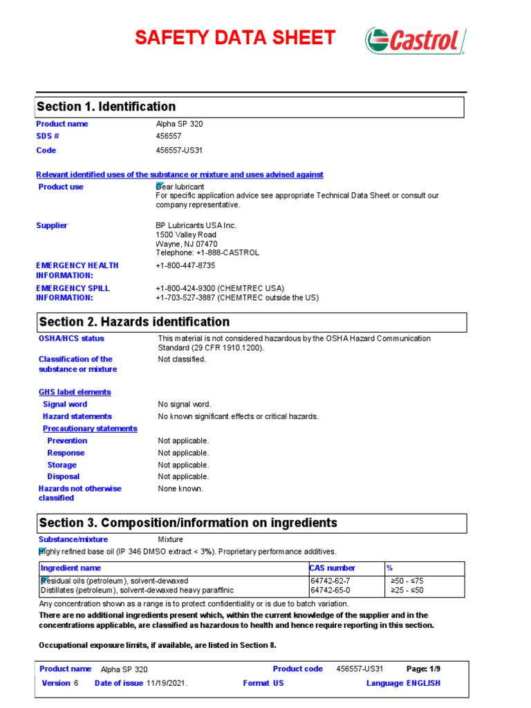 Castrol Alpha SP 320 Safety Data Sheet | PDF | Personal Protective ...