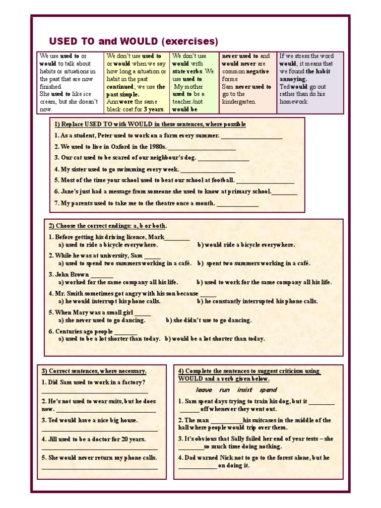 Used To and Would Exercises Grammar Drills Grammar Guides | PDF ...