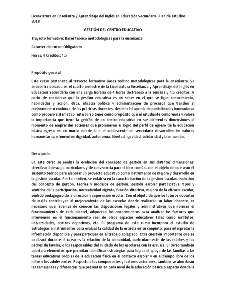 Gestión Del Centro Escolar | PDF | Plan de estudios | Método de enseñanza