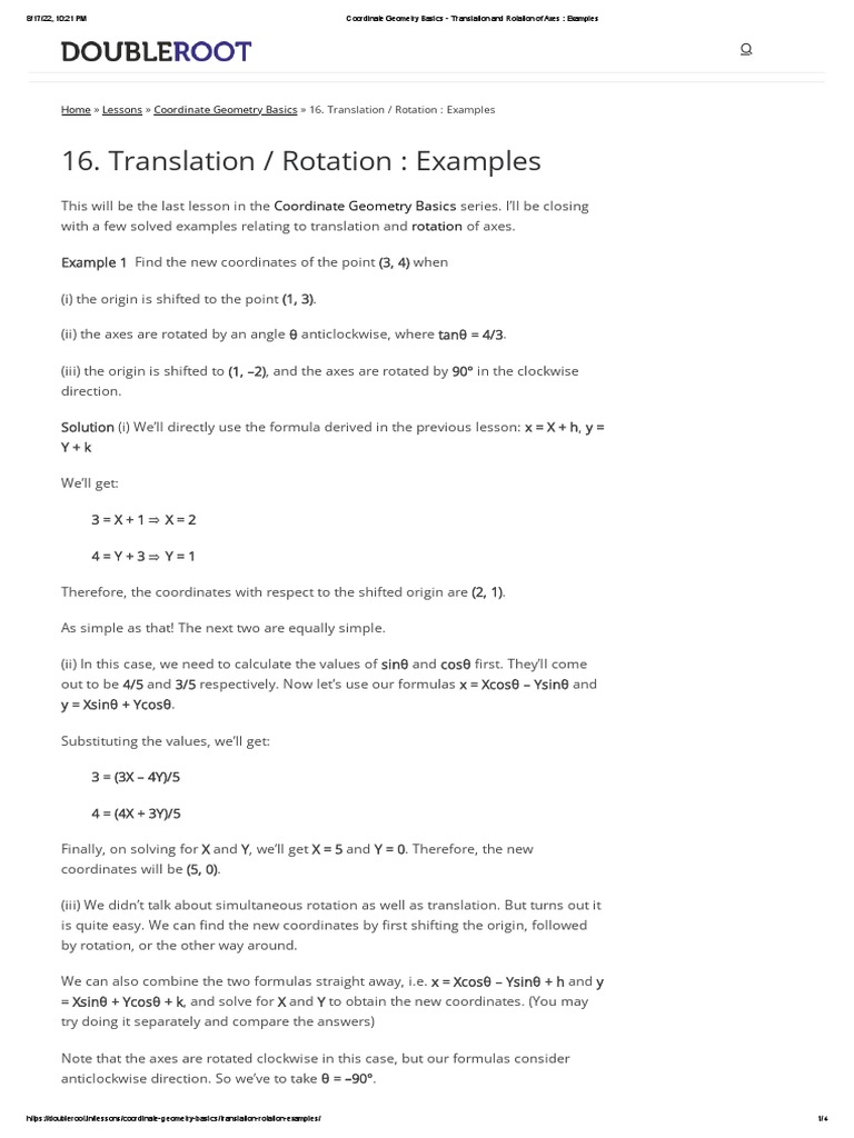 Coordinate Geometry Basics Translation and Rotation of Axes