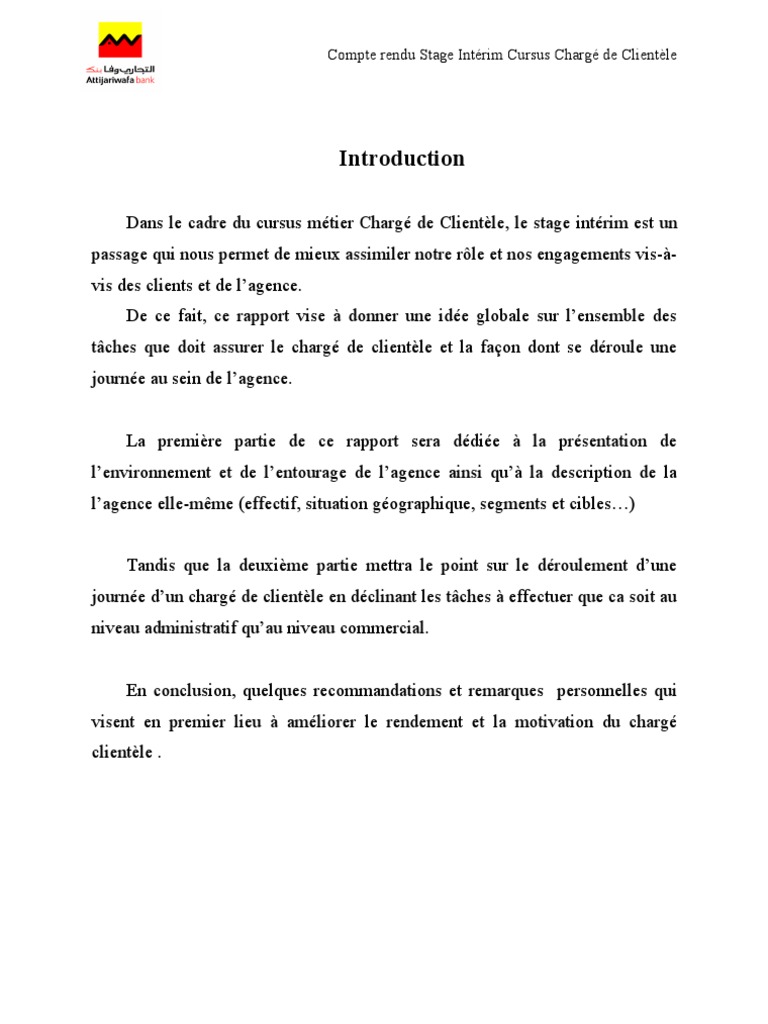 Rapport De Stage Dans Une Agence Bancaire