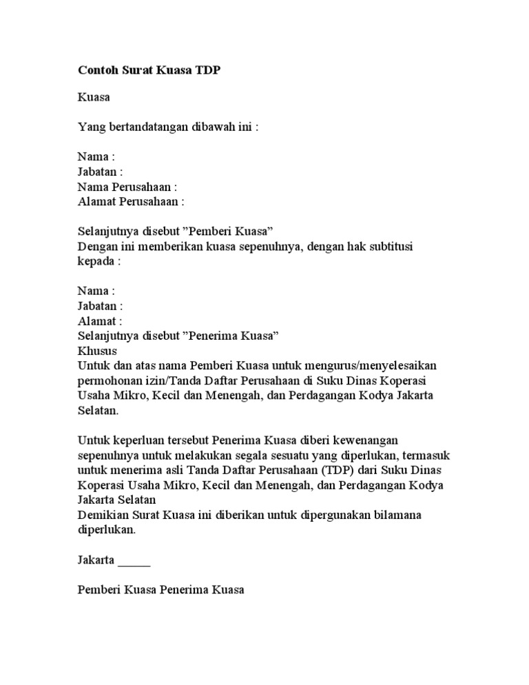Contoh Surat Kuasa Tdp