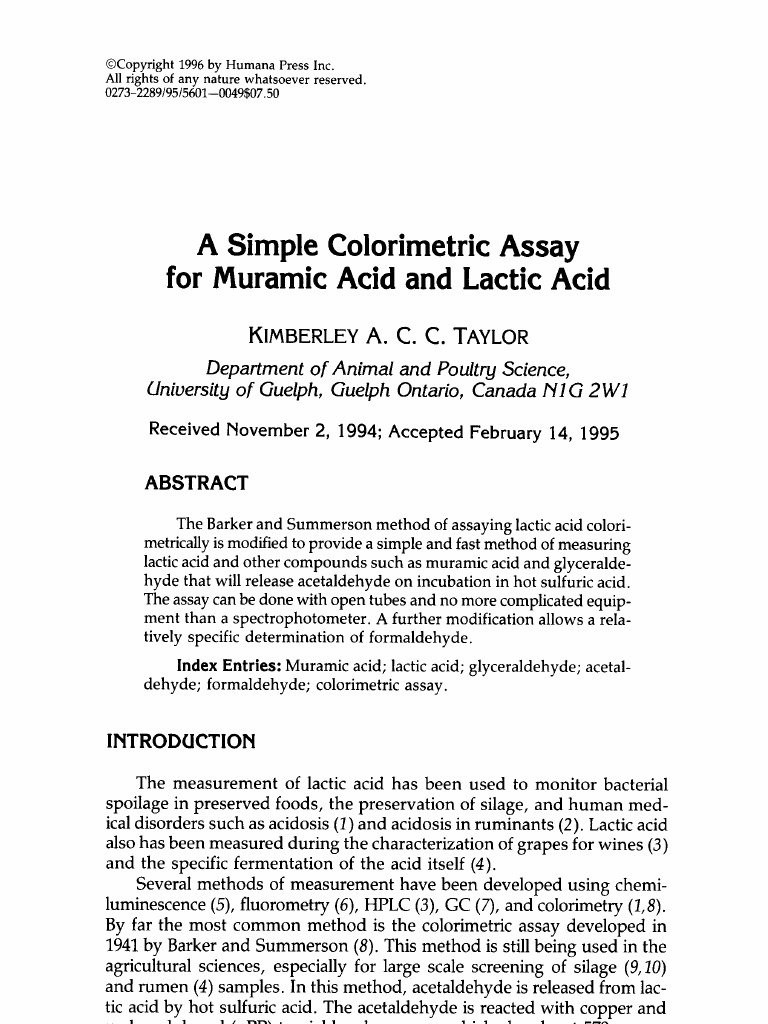 Colorimetric Assay for Muramic Acid | PDF | Lactic Acid | Assay