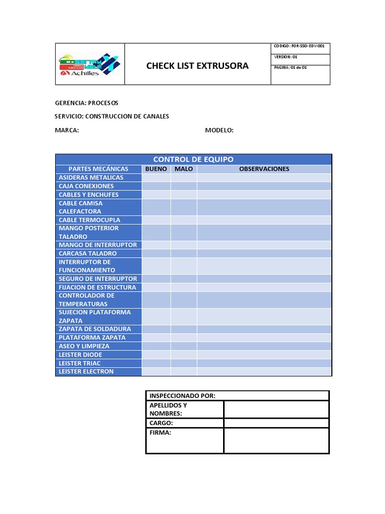 Check List Extrusora | PDF