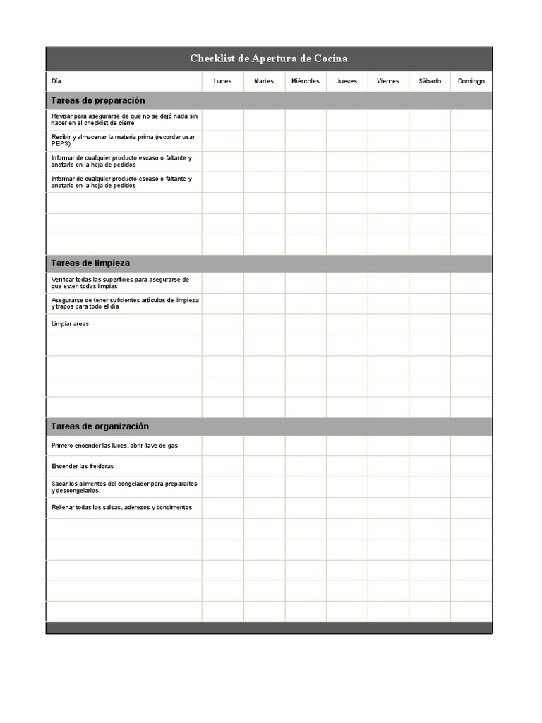 Checklist de Cocina | Descargar gratis PDF | Estufa de cocina | Alimentos