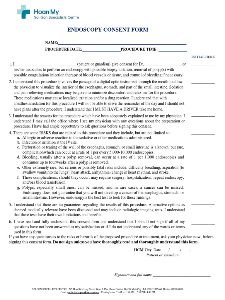 Endoscopy Consent Form en PDF Endoscopy Medical Treatments