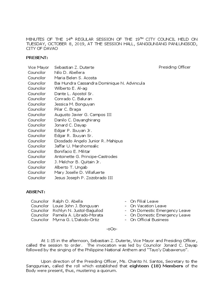 Davao City Council Session Minutes - Oct 2019 | PDF | Government