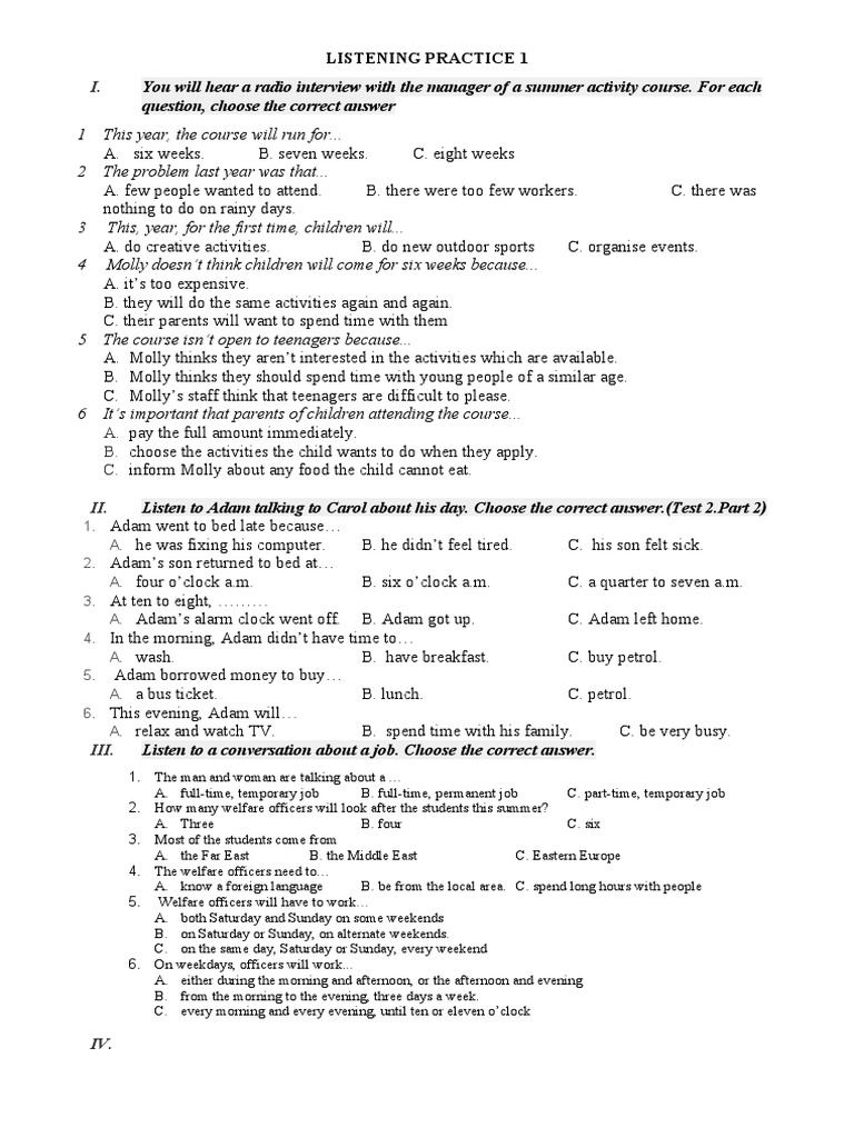 Listening Practice Summer Course Insights Pdf Workweek And Weekend