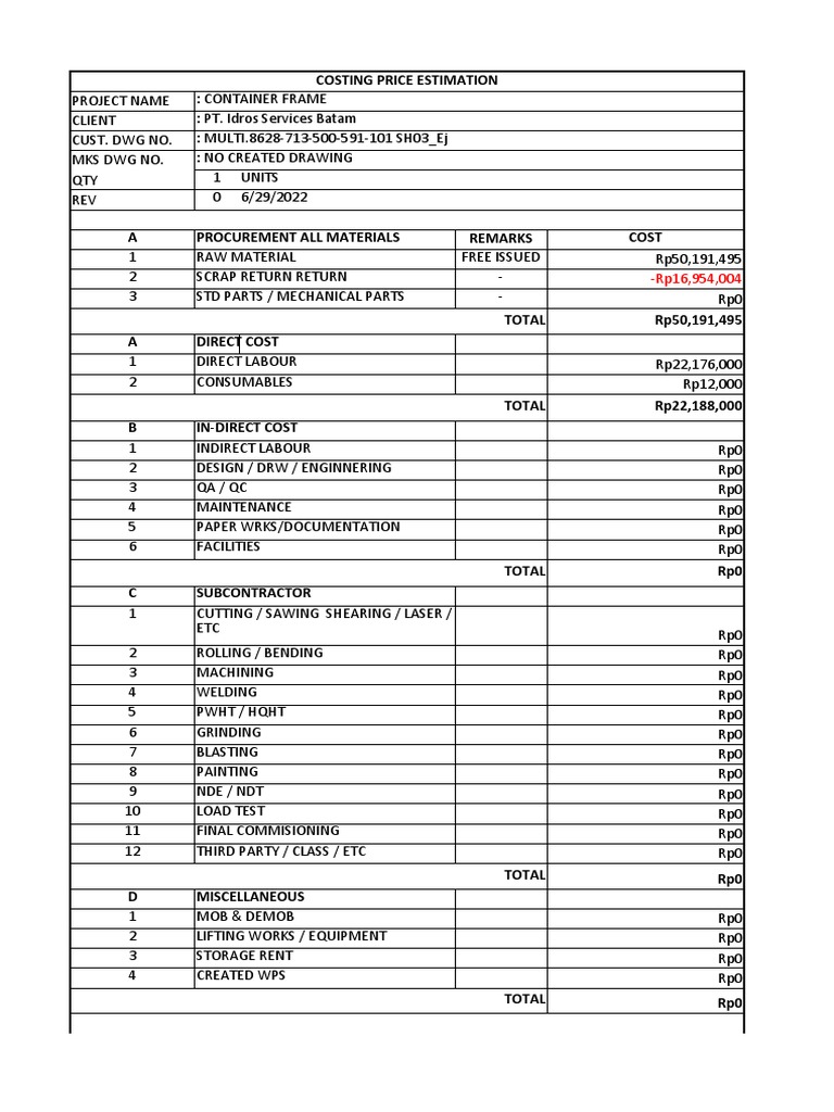 Costing Price For Container Frame PDF Indonesian Rupiah Machining