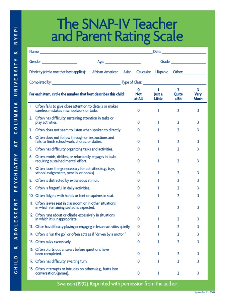SNAP-IV Parent Teacher ENGLISH | PDF | Attention Deficit Hyperactivity ...
