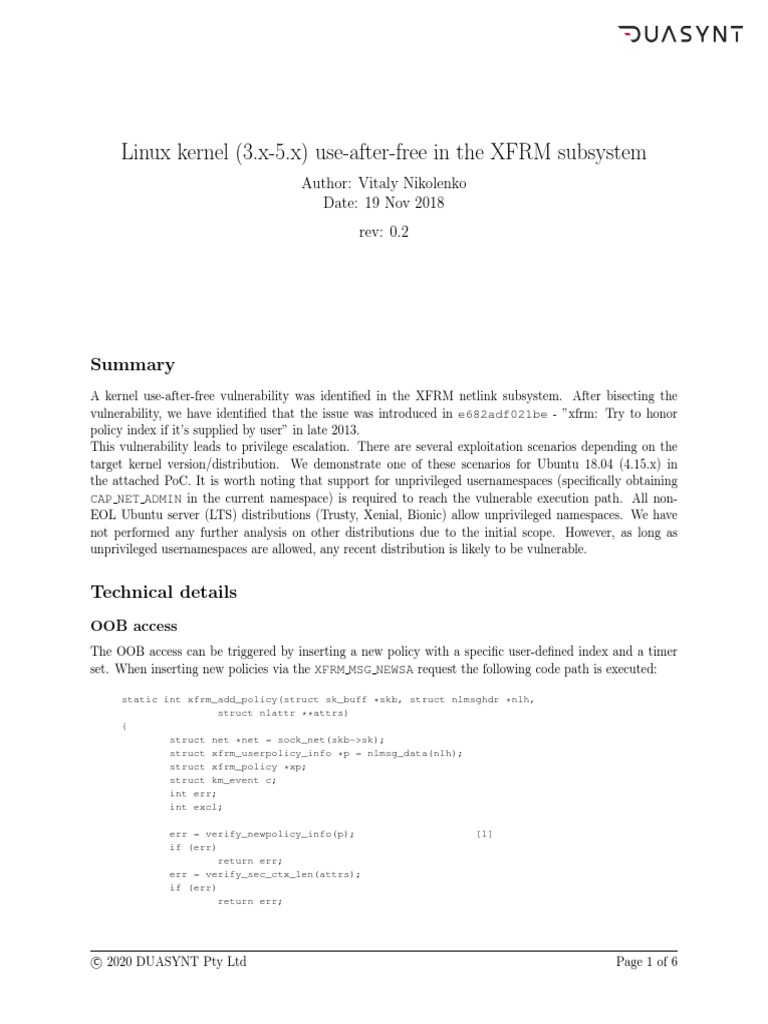 Linux Kernel (3.x5.x) UseAfterFree in The XFRM Subsystem PDF