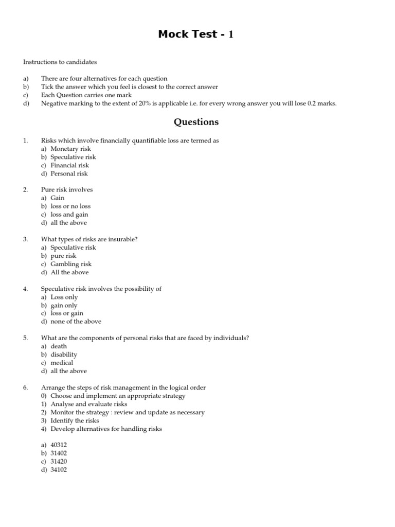 Risk Management Mock Test Questions | PDF | Life Insurance | Insurance