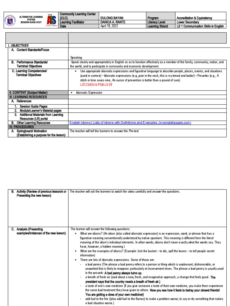 Idiomatic Expressions Lesson Plan | PDF | Idiom | Communication