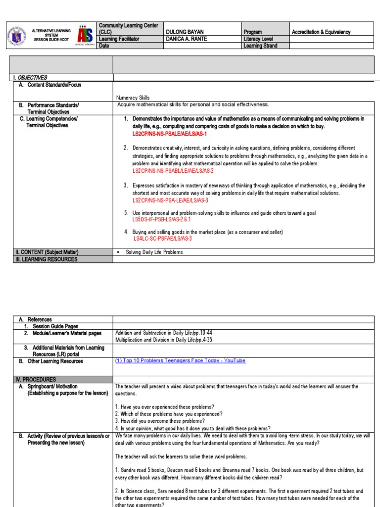 Solving Daily Life Problems JHSLS3 PDF Learning Teachers