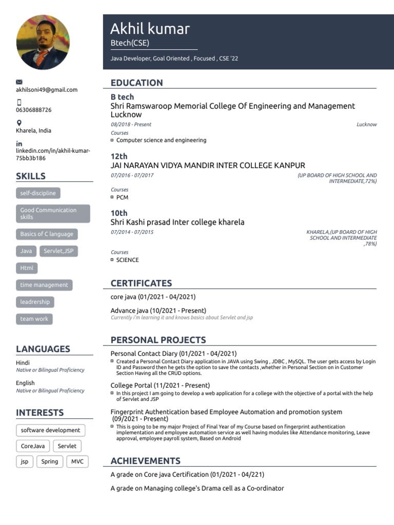 Java Developer Resume - Akhil Kumar | PDF | Java (Programming Language ...