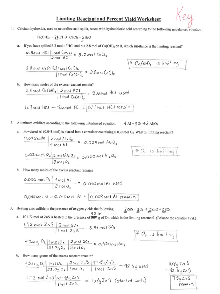 Limiting Reactant and Percent Yield Worksheet PDF